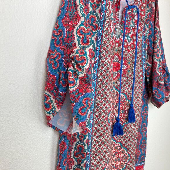 Urban Coco Colorful Bohemian Tunic Dress Size L Red Blue Tassels Ruched Sleeves - Picture 4 of 8